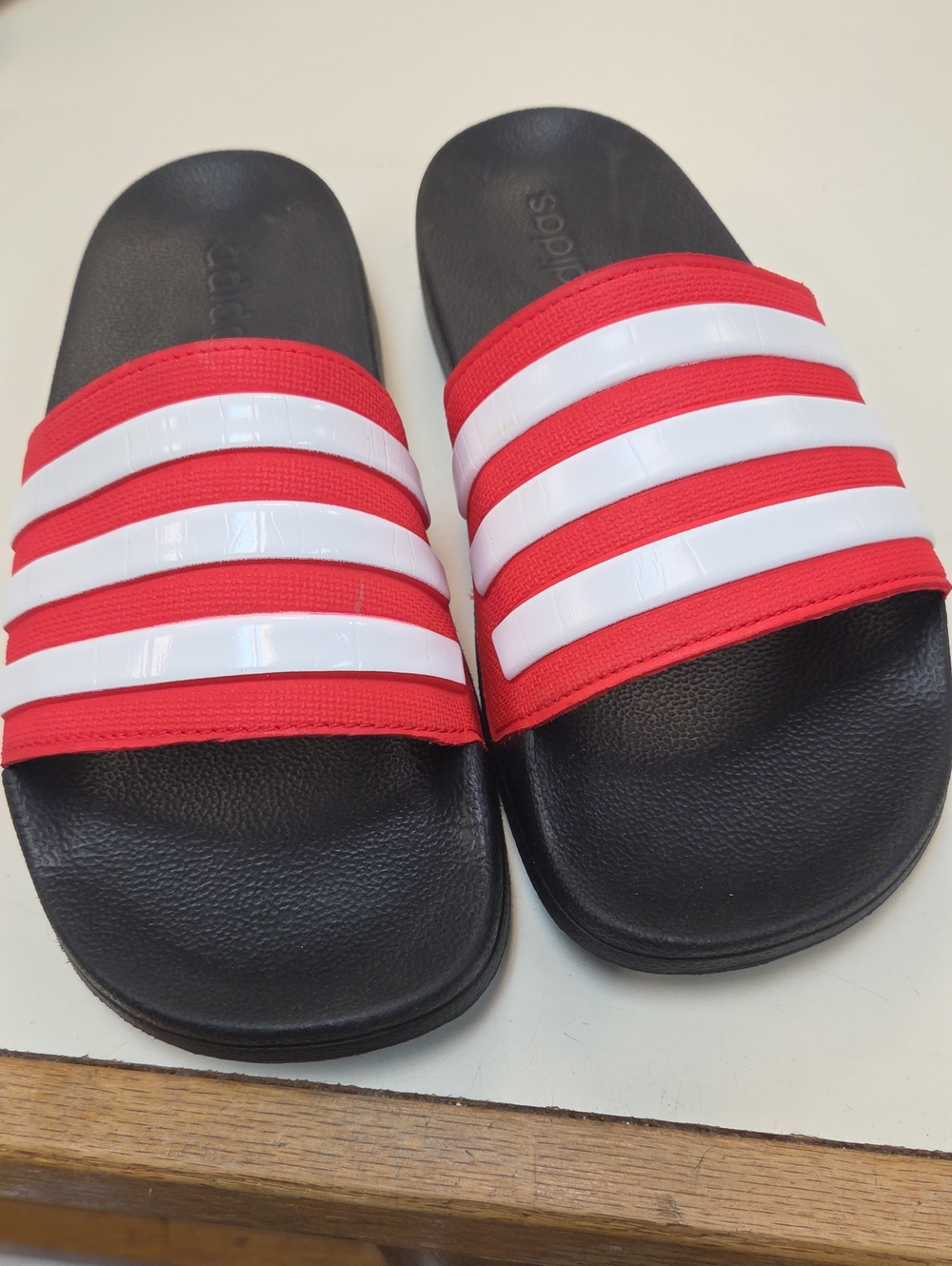 adidas Kids Black Footbed Red Strap with White Stripes Slides